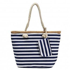 New Nautical Navy Blue and White Striped Beach Bag, 2 Piece